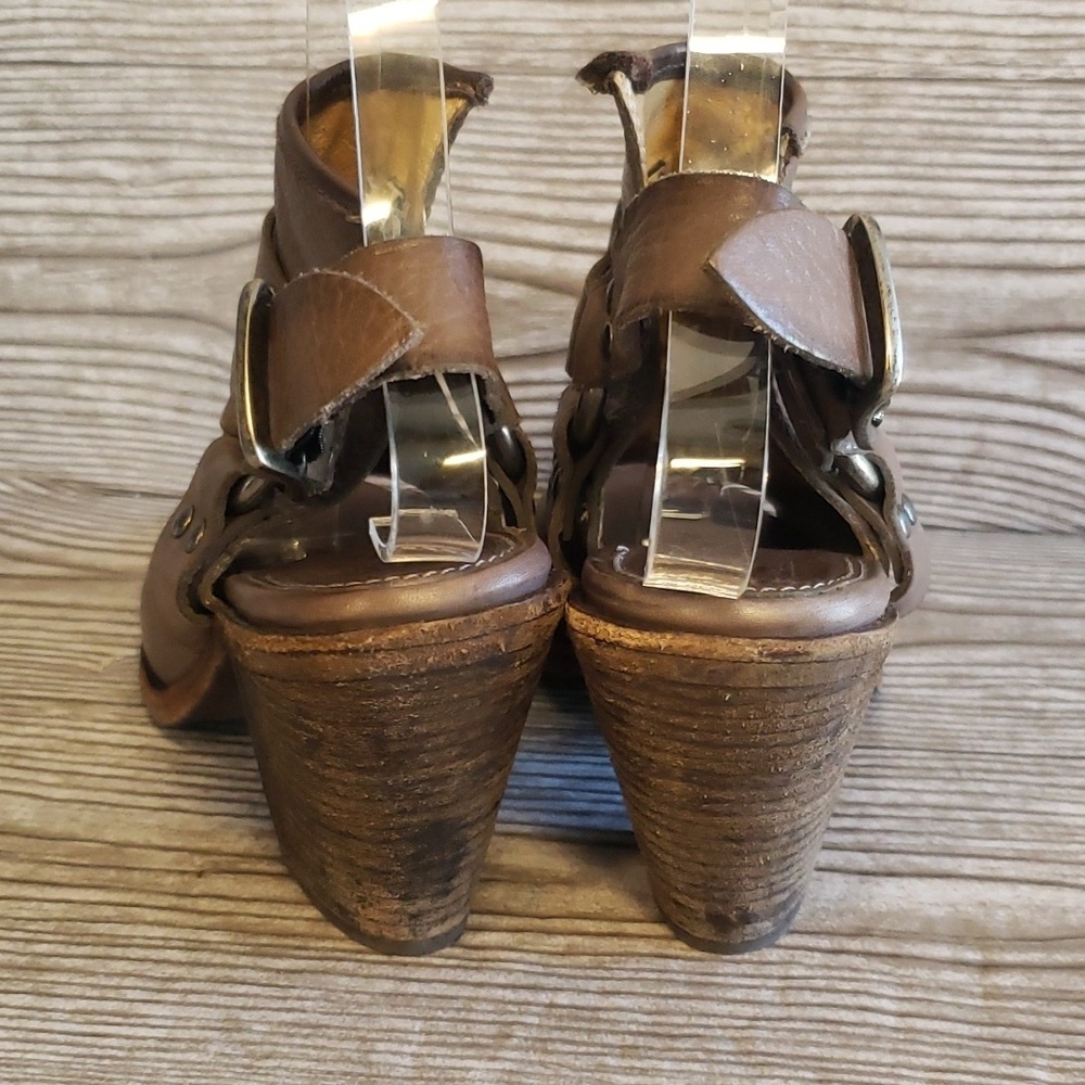 Frye Izzy Gray/brown Leather Open Toe Sling Back Harnes High Heel Booties 6 - Picture 4 of 8